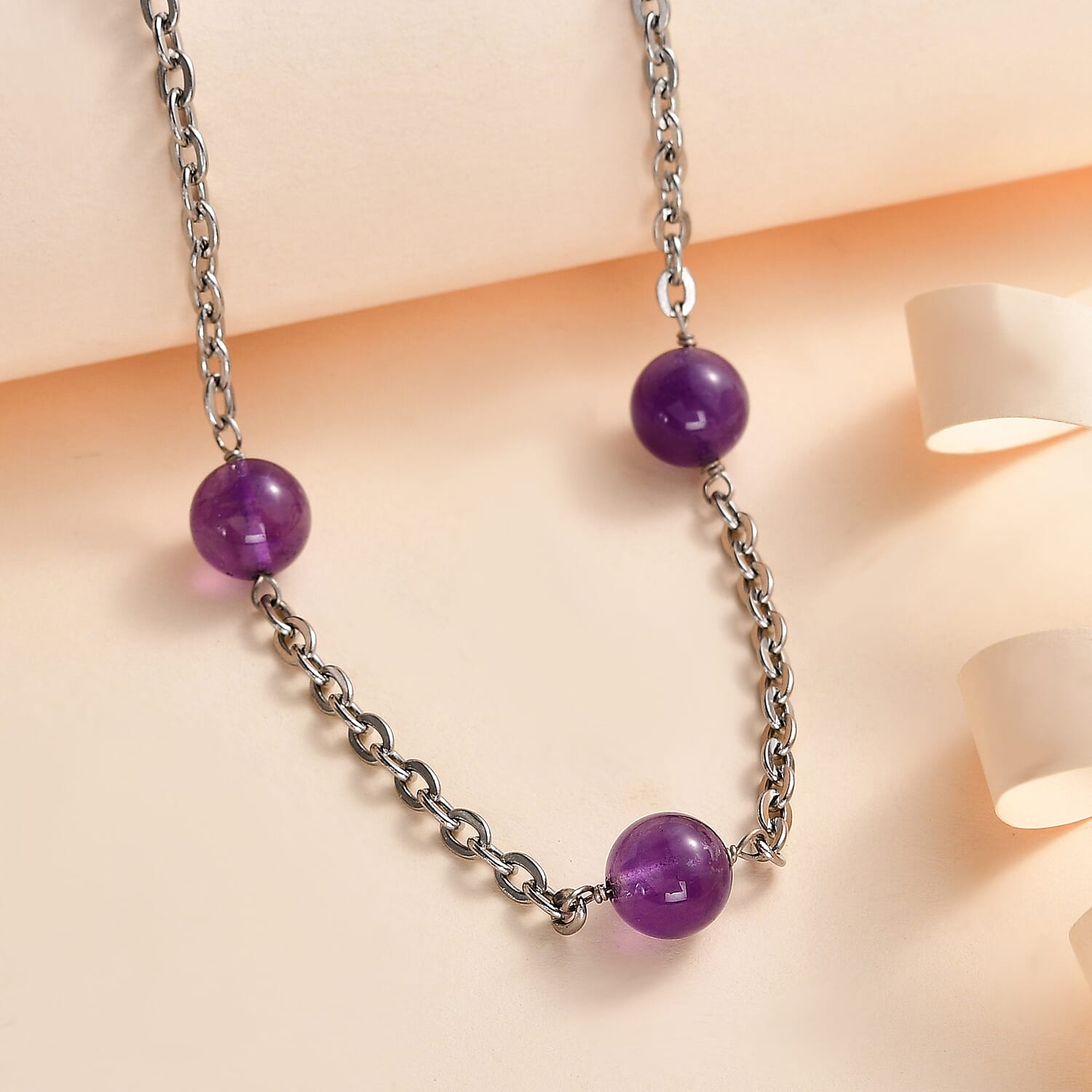 Amethyst Station Beads Necklace (Size - 24-2 inch Ext) 24.60 Ct.