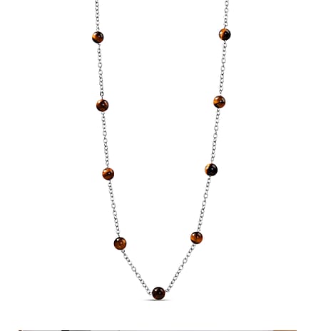 Tigers Eye Station Beads Necklace (Size - 24-2 inch) in Stainless Steel 37.00 Ct. Tigers Eye Station Beads Necklace (Size - 24-2 inch) in Stainless Steel 37.00 Ct.