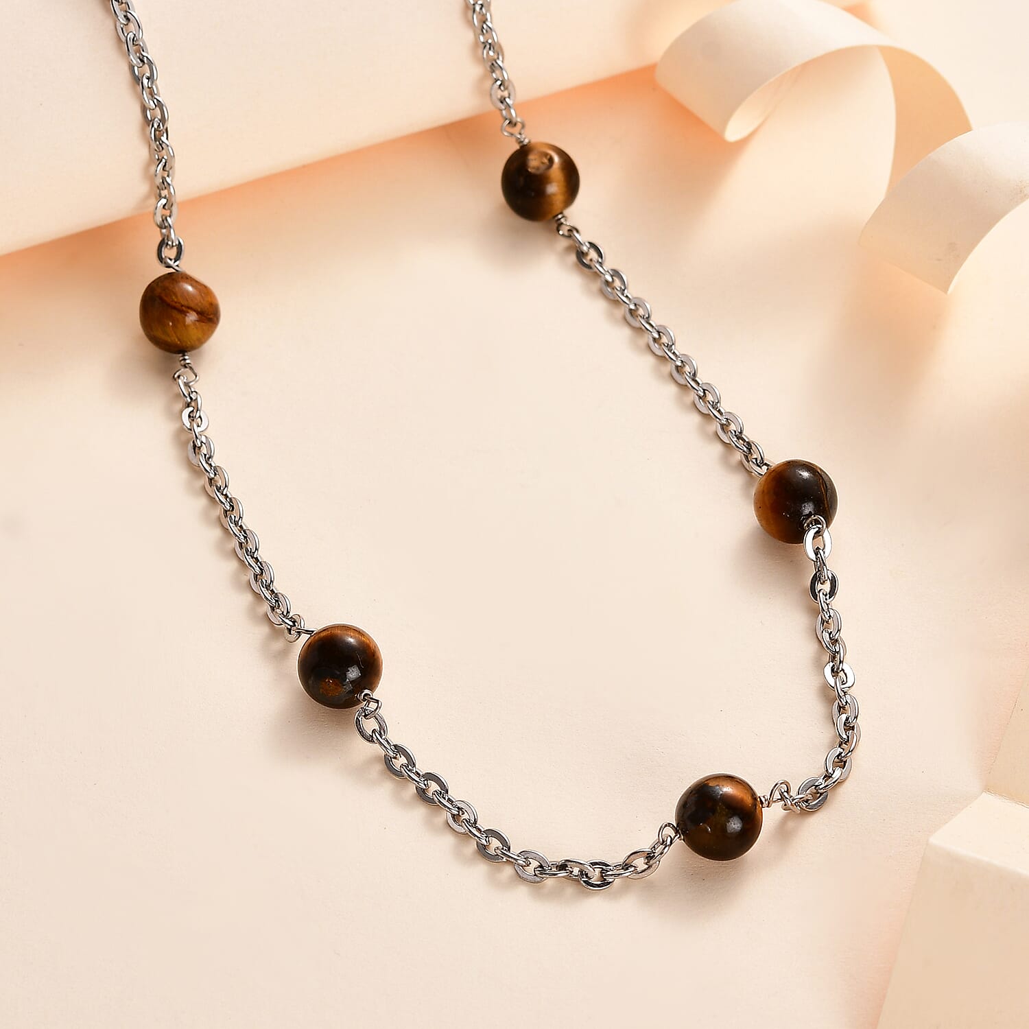 Tigers Eye Station Beads Necklace (Size - 24-2 inch) 37.00 Ct.