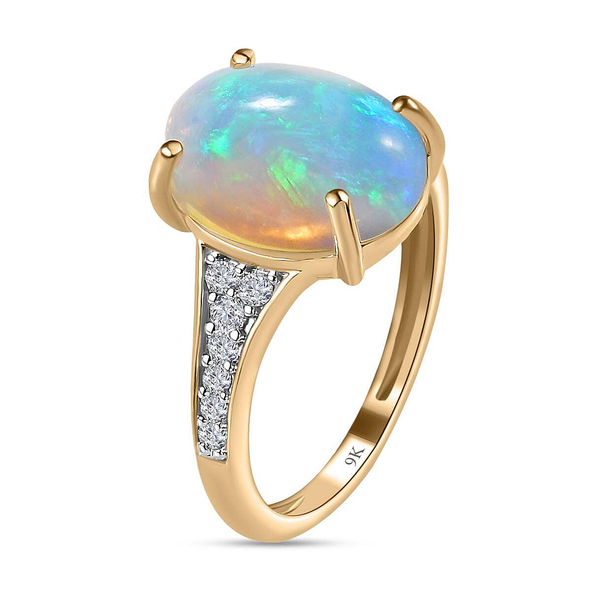 9K Yellow Gold Ethiopian Welo Opal & Moissanite Ring 3.33 Ct