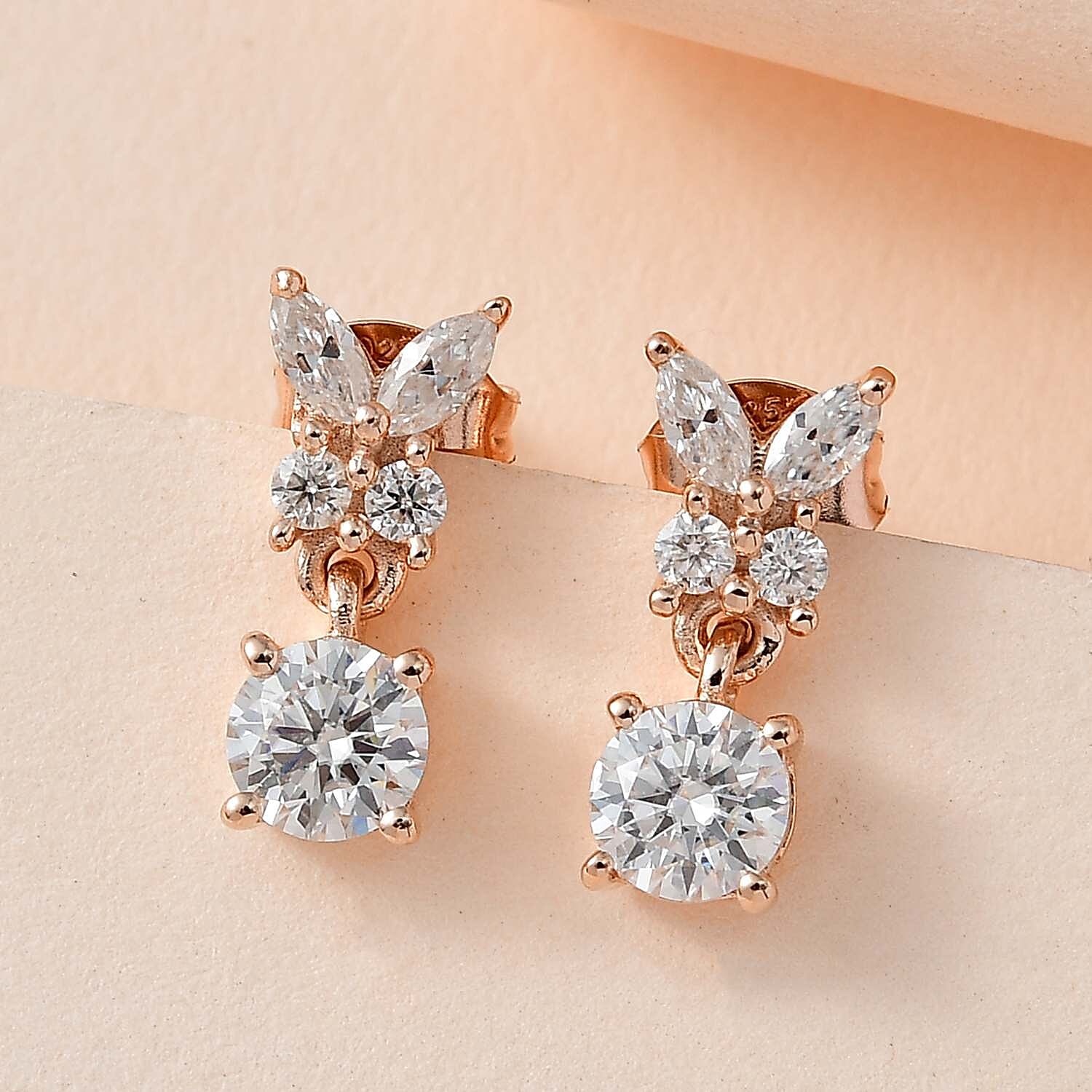 Moissanite Earrings in 18K Rose Gold Vermeil Plated Sterling Silver 1.33 Ct.
