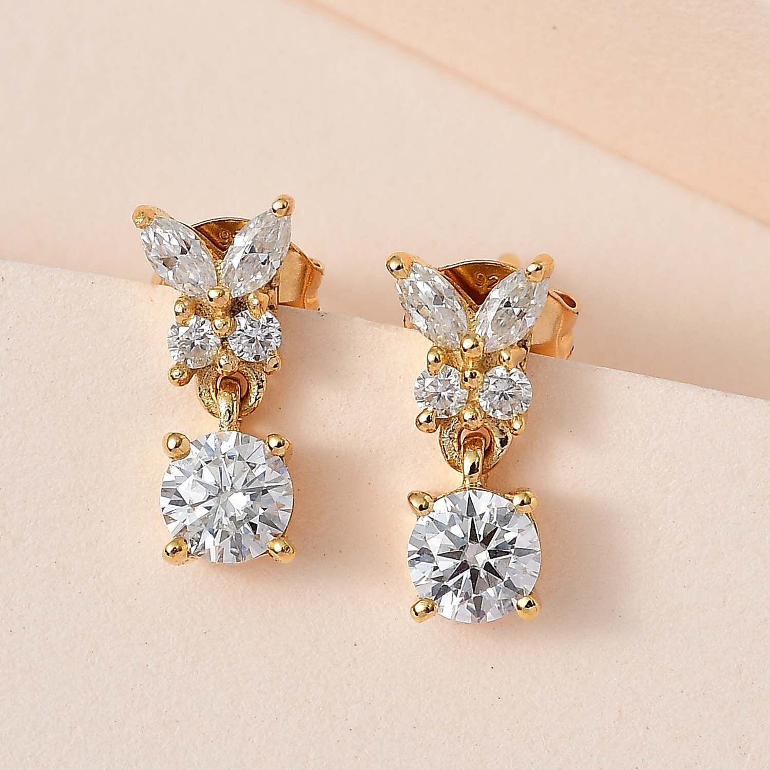 Moissanite Earrings in 18K Yellow Gold Vermeil Plated Sterling Silver 1.33 Ct.