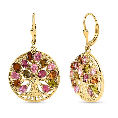 Multi-Tourmaline Tree of Life Earrings in 18K YG Vermeil Plated Sterling Silver 4.55 Ct, Silver Wt. 5.95 Gms