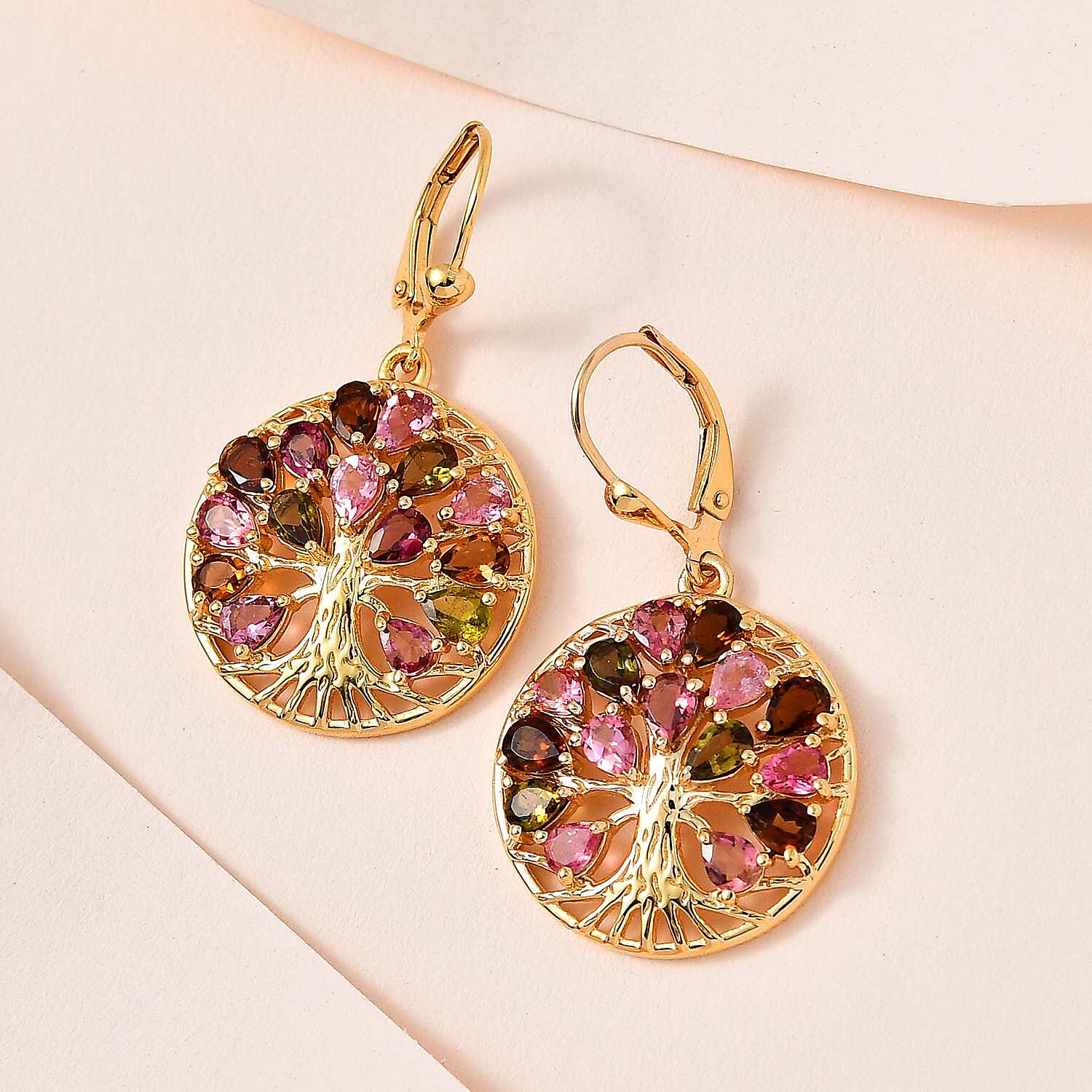 Multi-Tourmaline Tree of Life Earrings in 18K YG Vermeil Plated Sterling Silver 4.55 Ct, Silver Wt. 5.95 Gms