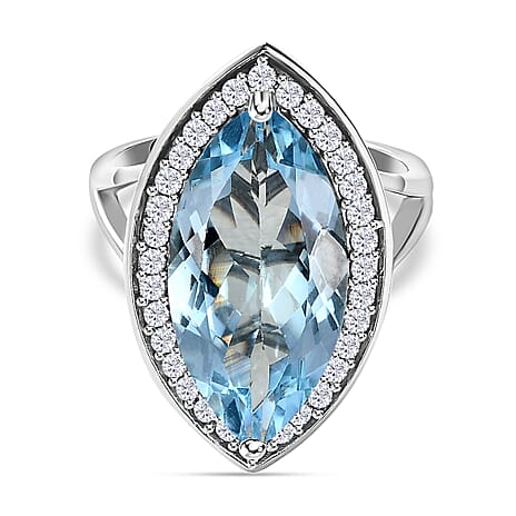 Skyblue Topaz & Natural Zircon Ring in Platinum Overlay Sterling Silver 9.26 Ct.