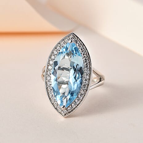 Skyblue Topaz & Natural Zircon Ring in Platinum Overlay Sterling Silver 9.26 Ct.