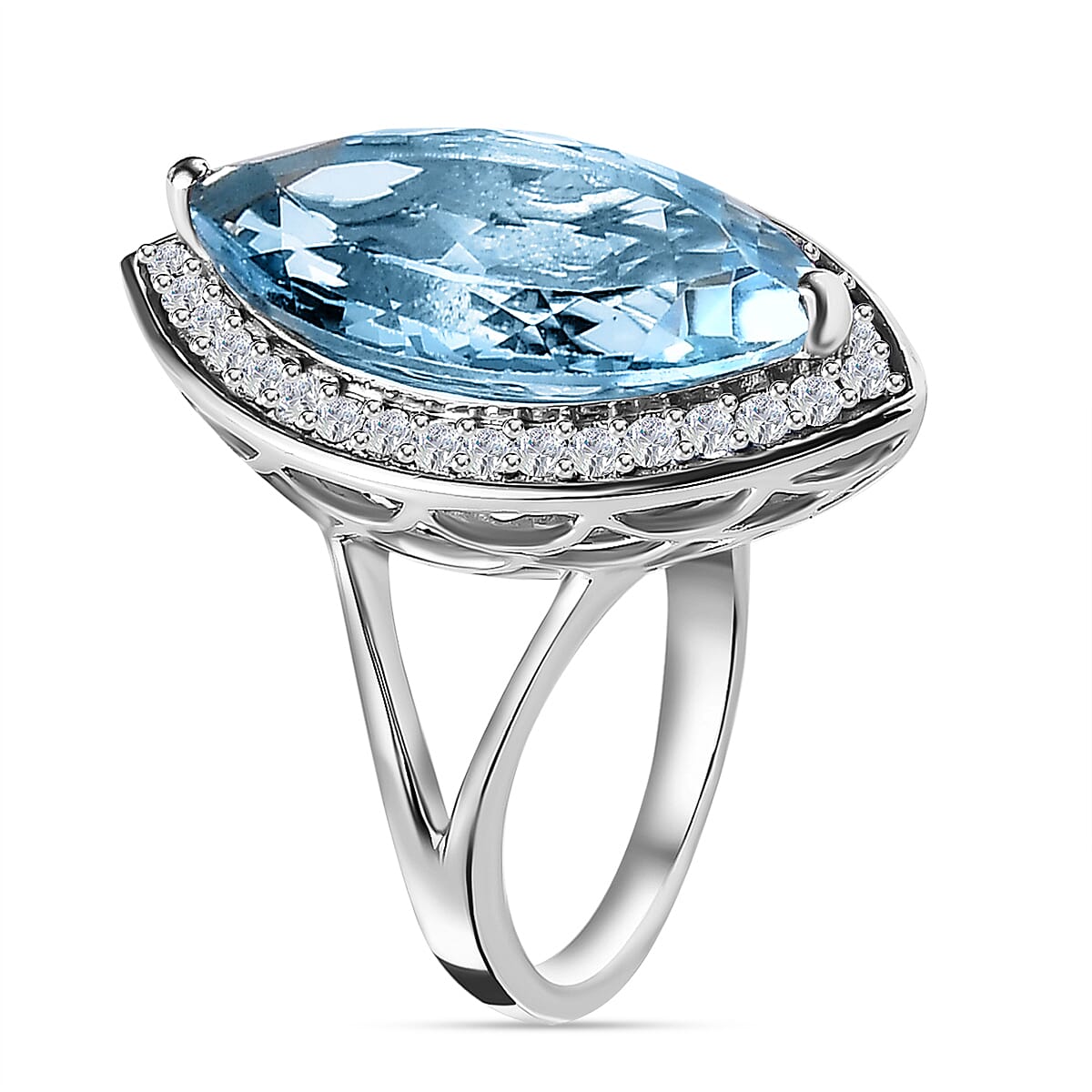 Skyblue Topaz & Natural Zircon Ring in Platinum Overlay Sterling Silver 9.26 Ct.