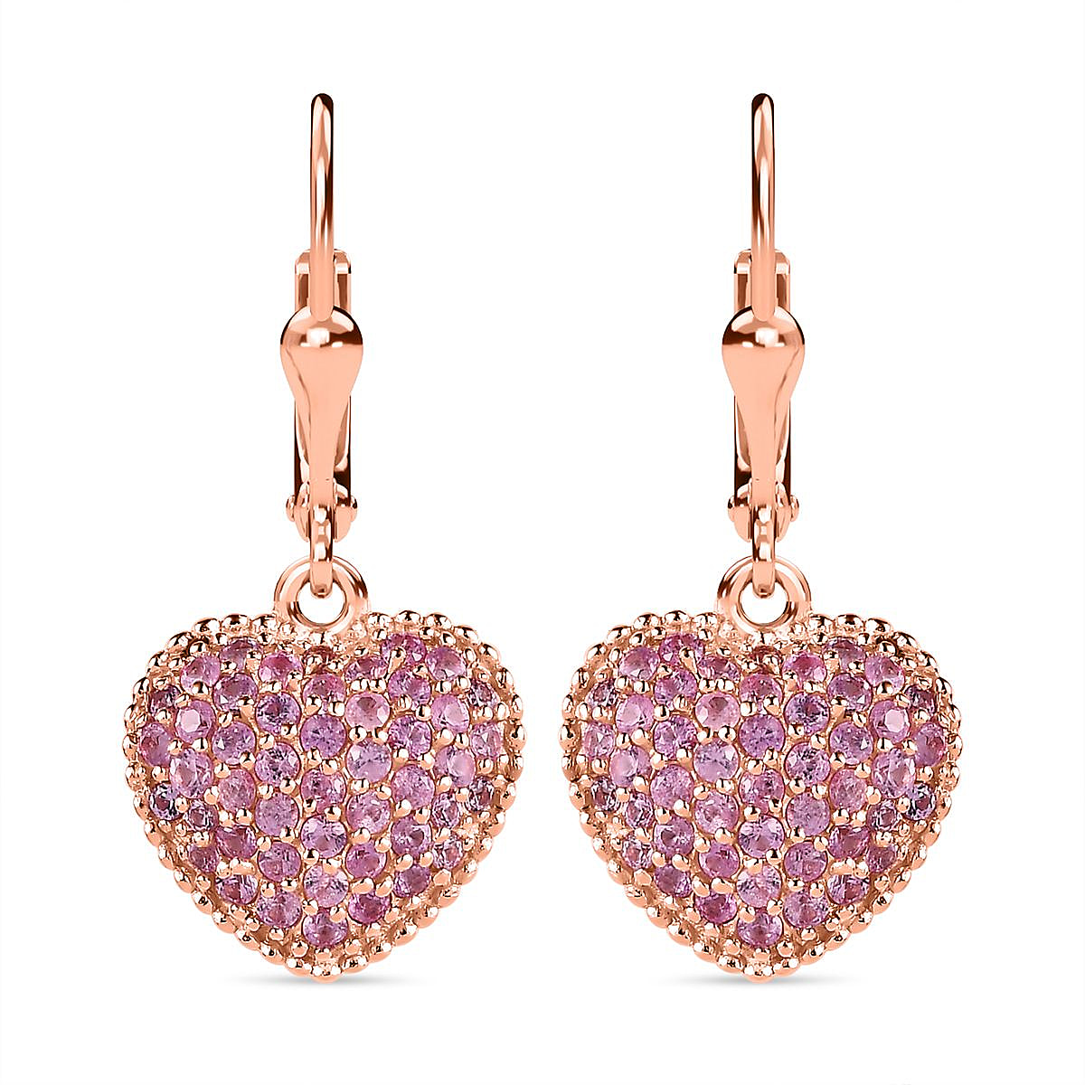 Pink Sapphire Heart Earrings in 18K Rose Gold Vermeil Plated Sterling Silver 1.42 Ct