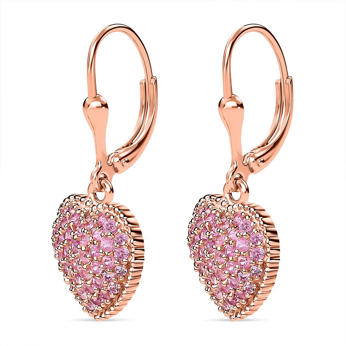 Pink Sapphire Heart Earrings in 18K Rose Gold Vermeil Plated Sterling Silver 1.42 Ct