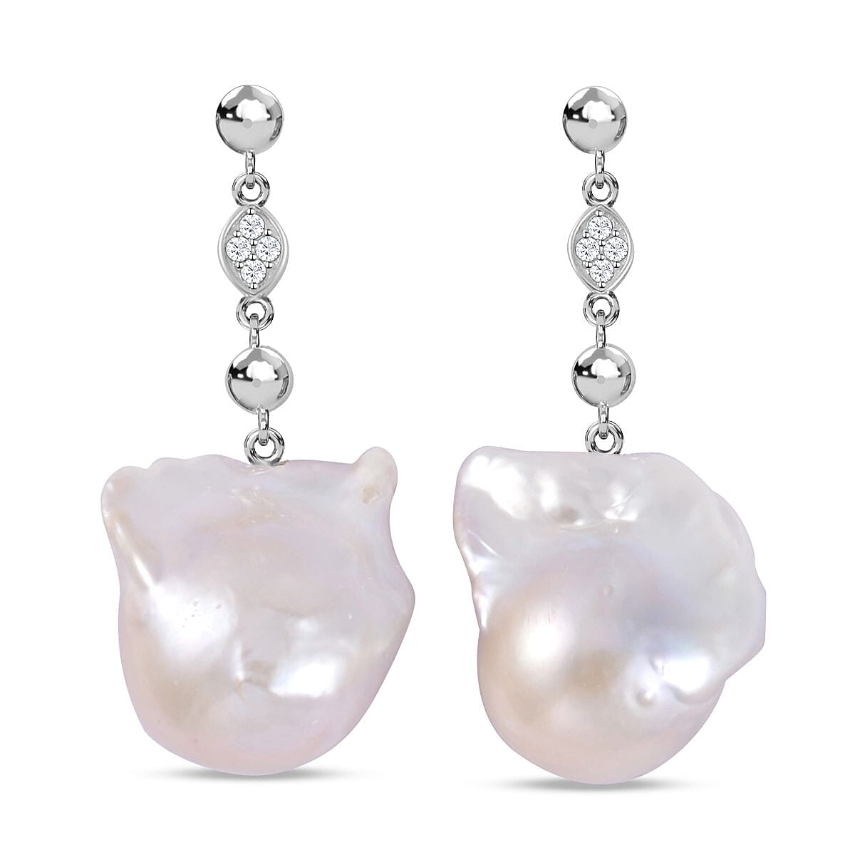 White Baroque Pearl and Natural Zircon Dangle Earrings in Rhodium Overlay Sterling Silver