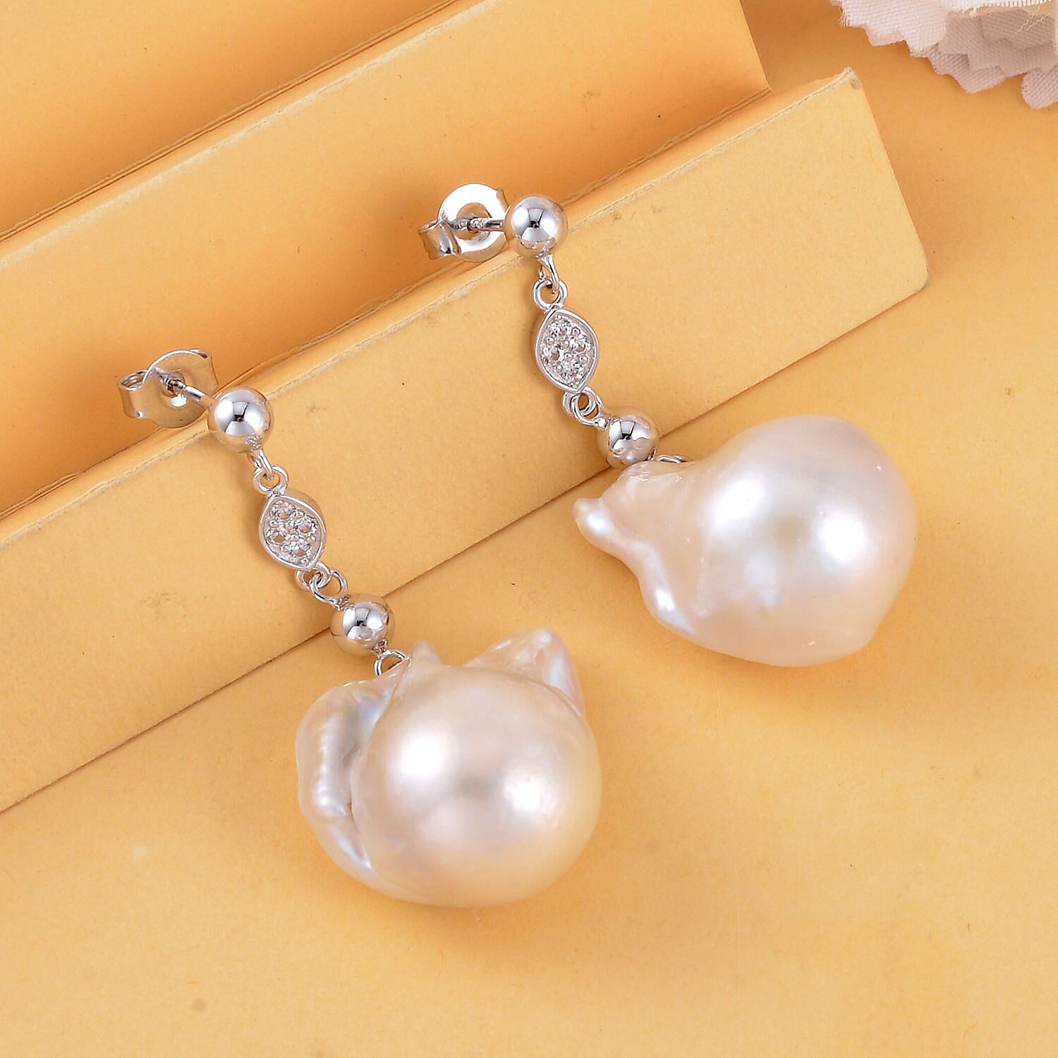White Baroque Pearl and Natural Zircon Dangle Earrings in Rhodium Overlay Sterling Silver