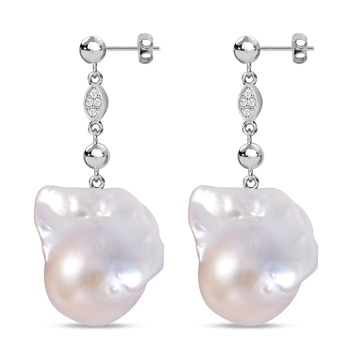 White Baroque Pearl and Natural Zircon Dangle Earrings in Rhodium Overlay Sterling Silver