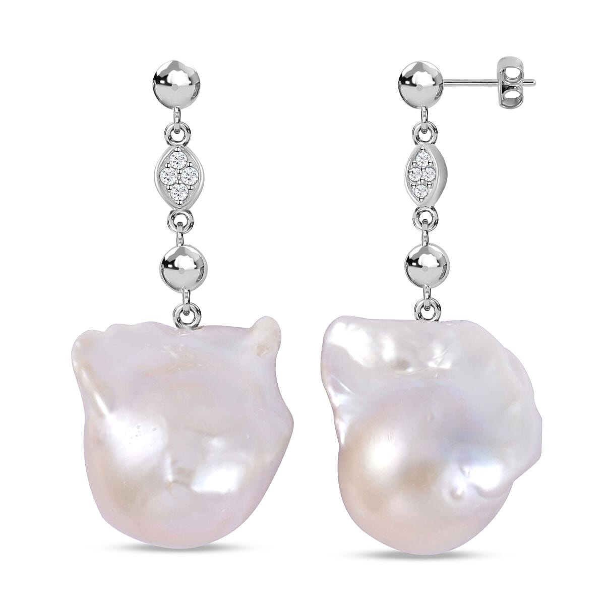 White Baroque Pearl and Natural Zircon Dangle Earrings in Rhodium Overlay Sterling Silver