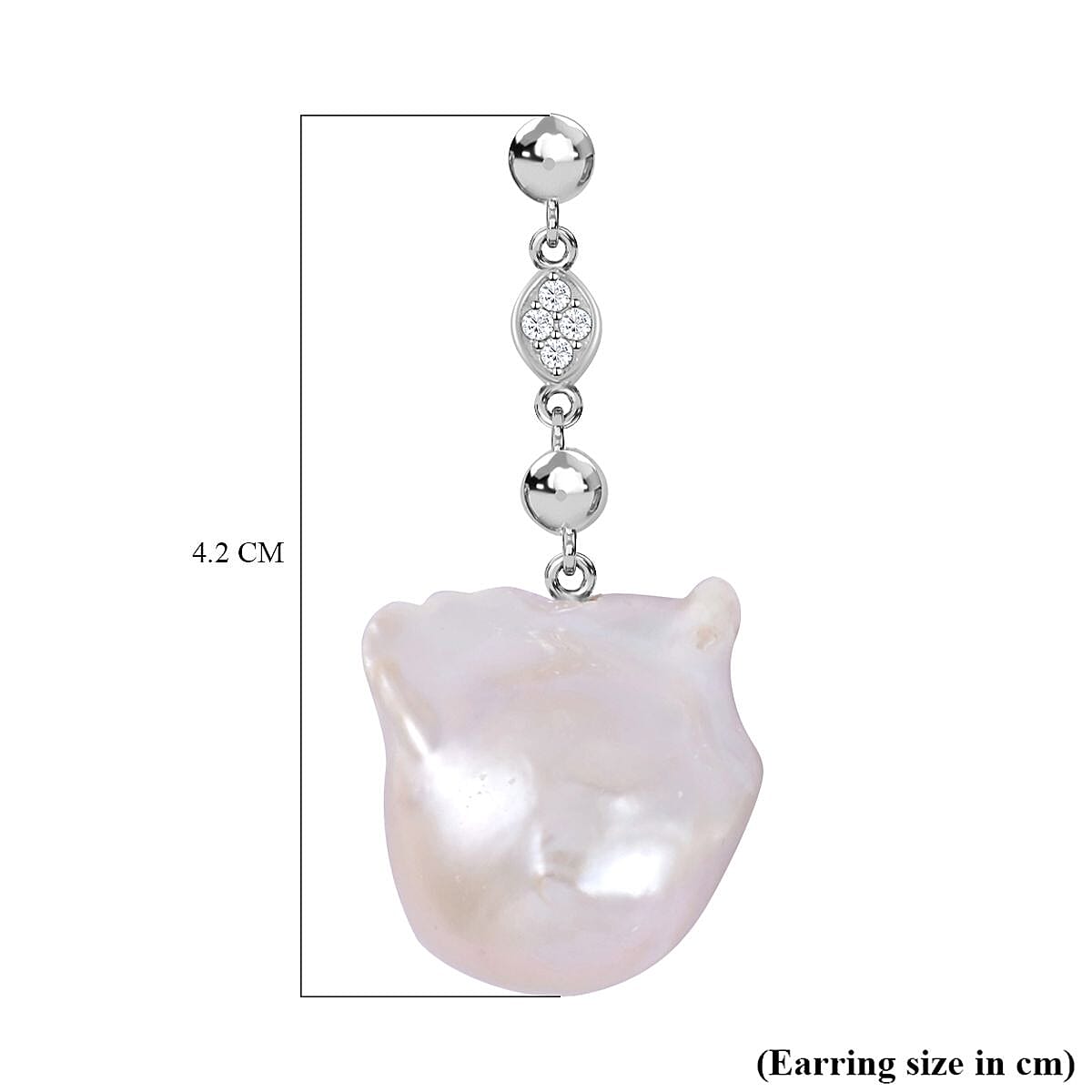 White Baroque Pearl and Natural Zircon Dangle Earrings in Rhodium Overlay Sterling Silver