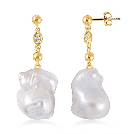 White Baroque Pearl & Natural Zircon Dangle Earrings in 18K Vermeil Yellow Gold Plated Sterling Silver 50.00 Ct. White Baroque Pearl & Natural Zircon Dangle Earrings in 18K Vermeil Yellow Gold Plated Sterling Silver 50.00 Ct.