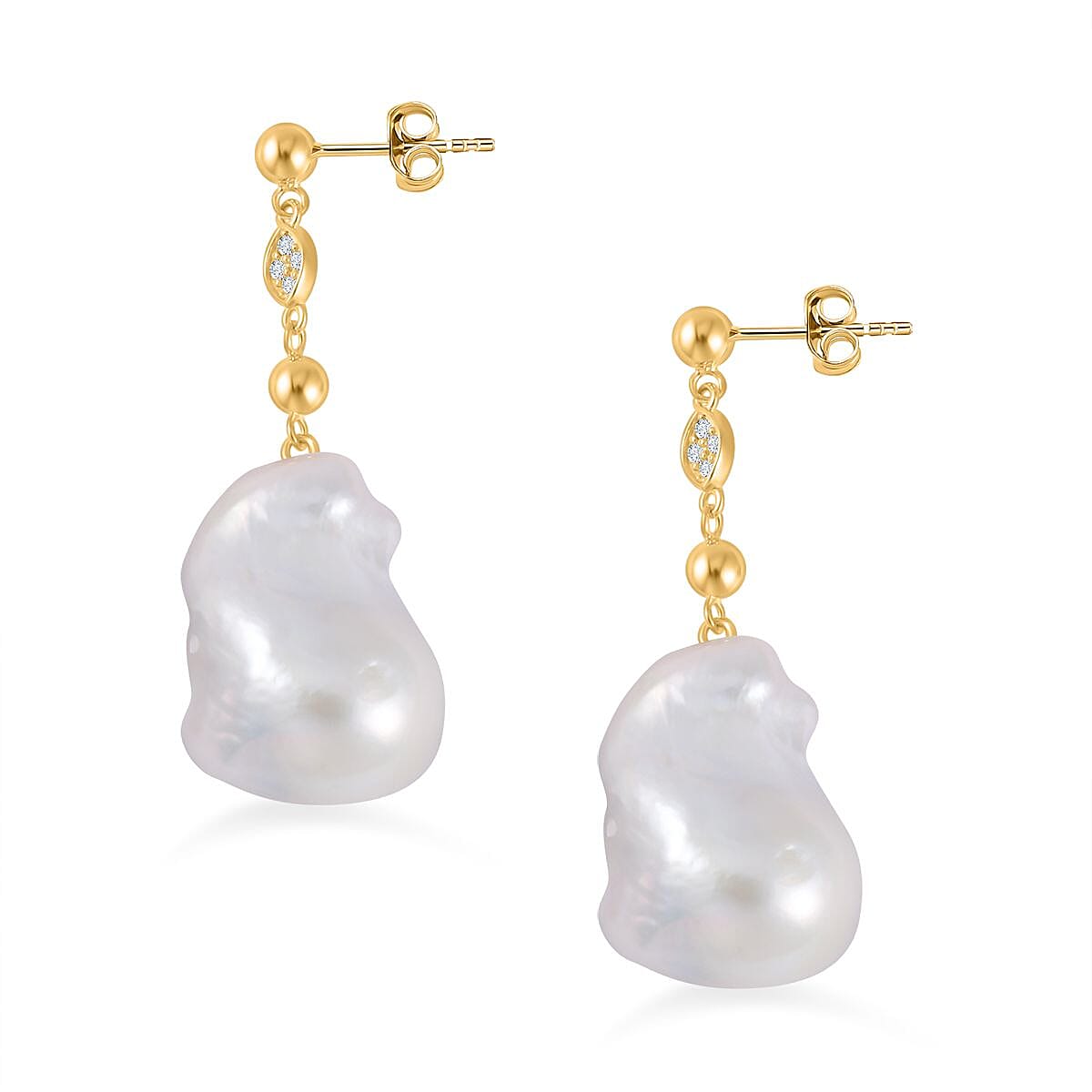 White Baroque Pearl & Natural Zircon Dangle Earrings in 18K Vermeil Yellow Gold Plated Sterling Silver 50.00 Ct.