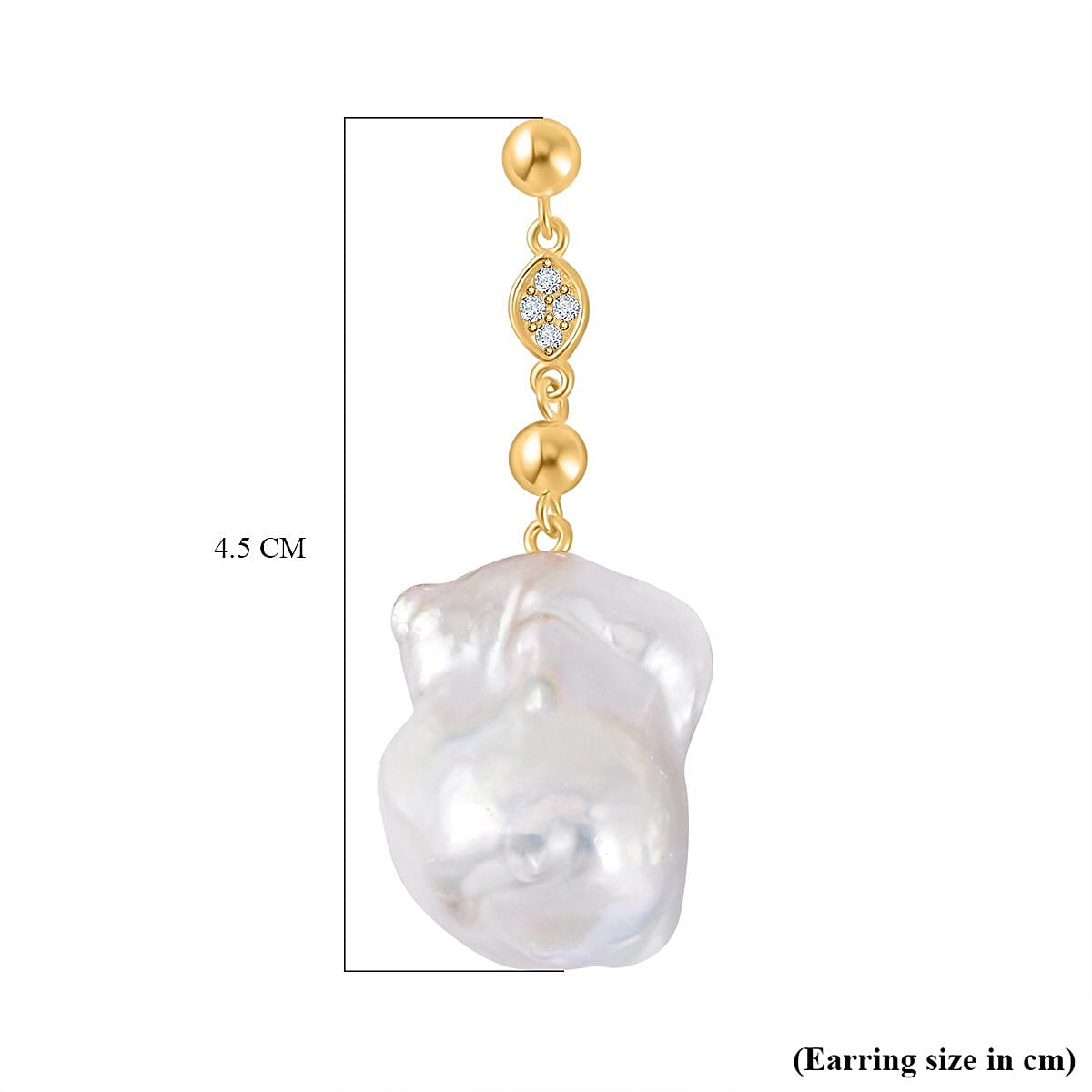 White Baroque Pearl & Natural Zircon Dangle Earrings in 18K Vermeil Yellow Gold Plated Sterling Silver 50.00 Ct.