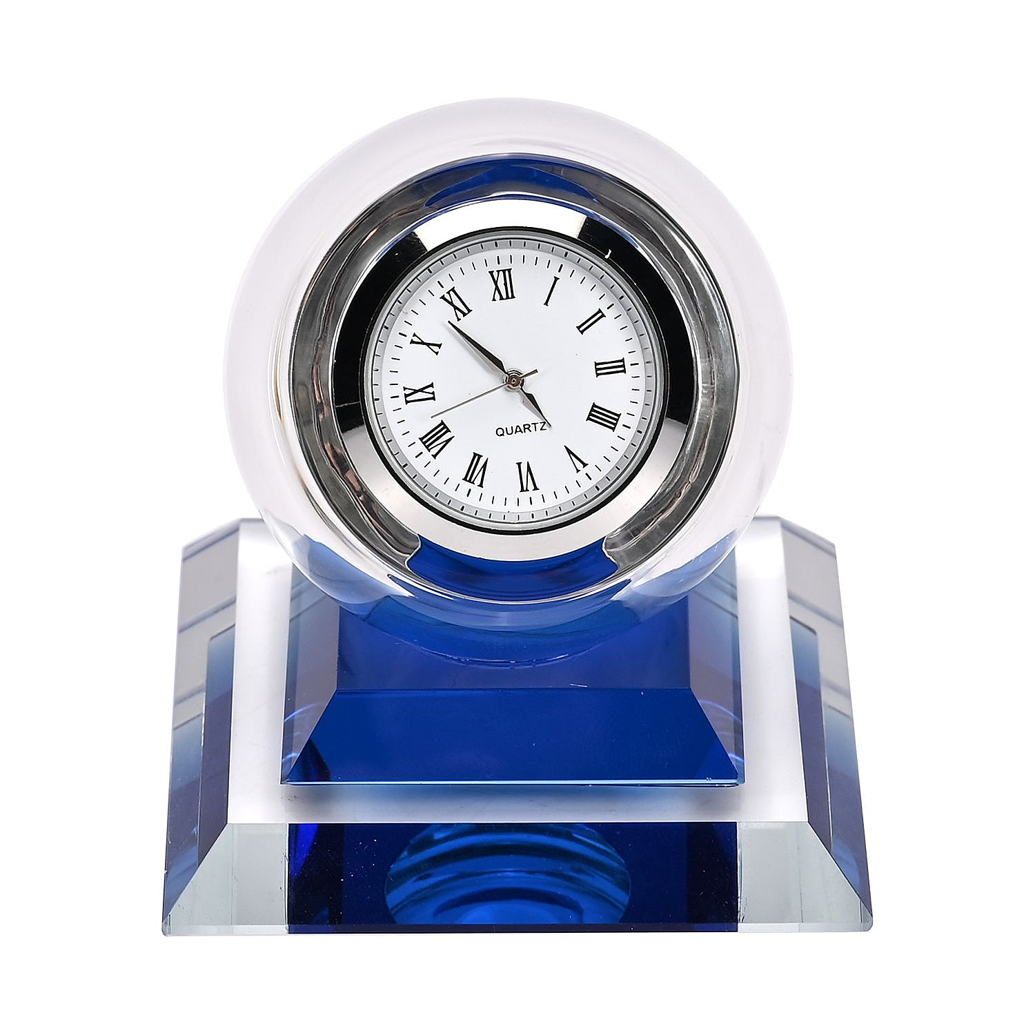 Spherical Glass Table Clock with Roman Numrals - Blue
