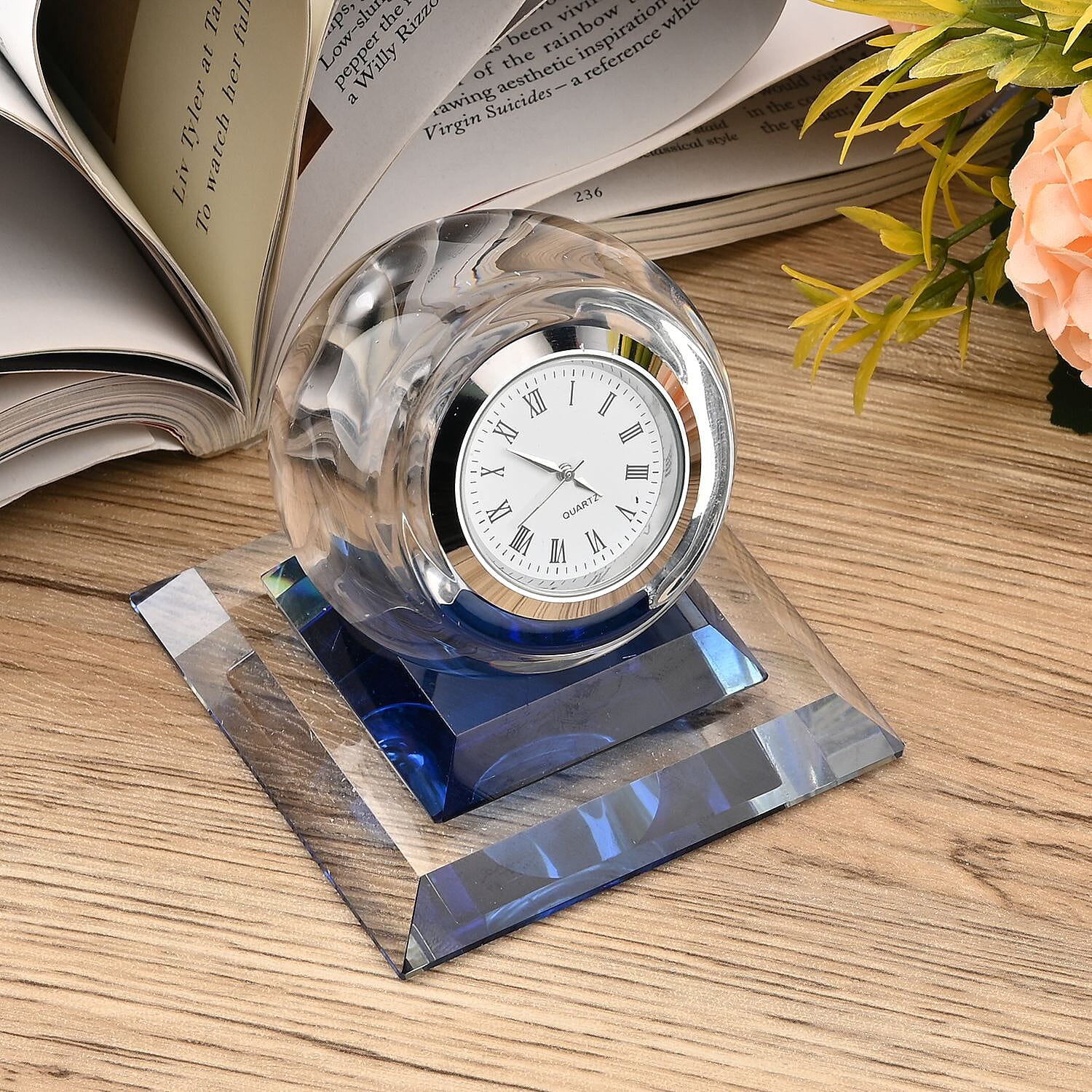 Spherical Glass Table Clock with Roman Numrals - Blue