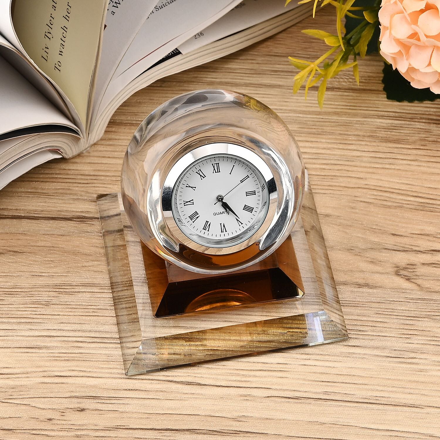 Spherical Glass Table Clock with Roman Numrals - Yellow