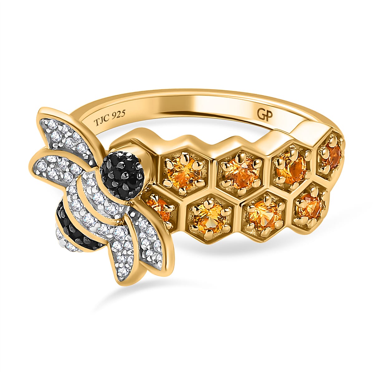 GP- Honeycomb Collection - Yellow Sapphire, Boi Ploi Black Spinel and Natural Zircon Bee with Honeycomb Ring in 18K Vermeil Yellow Gold Plated Sterling Silver