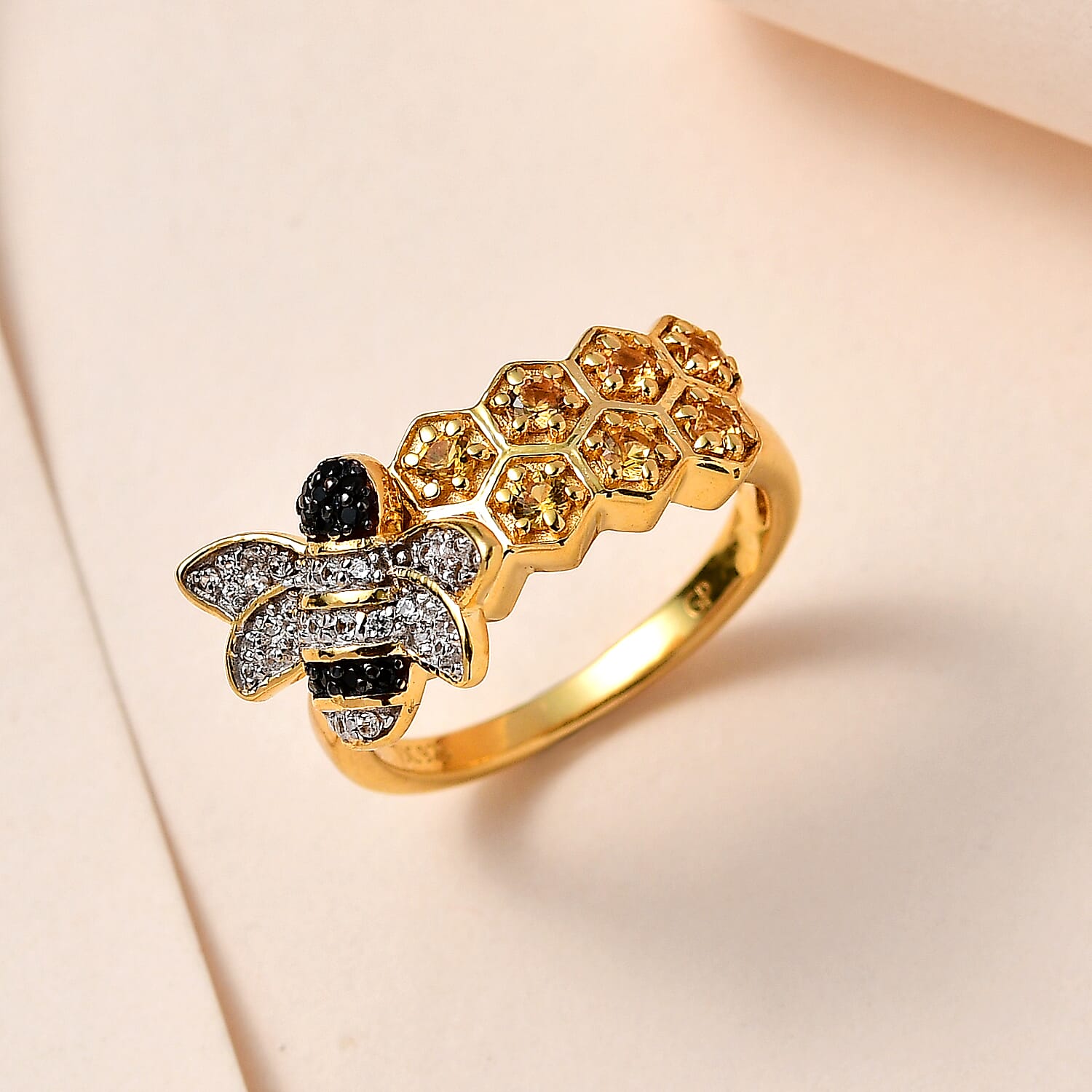 GP- Honeycomb Collection - Yellow Sapphire, Boi Ploi Black Spinel and Natural Zircon Bee with Honeycomb Ring in 18K Vermeil Yellow Gold Plated Sterling Silver