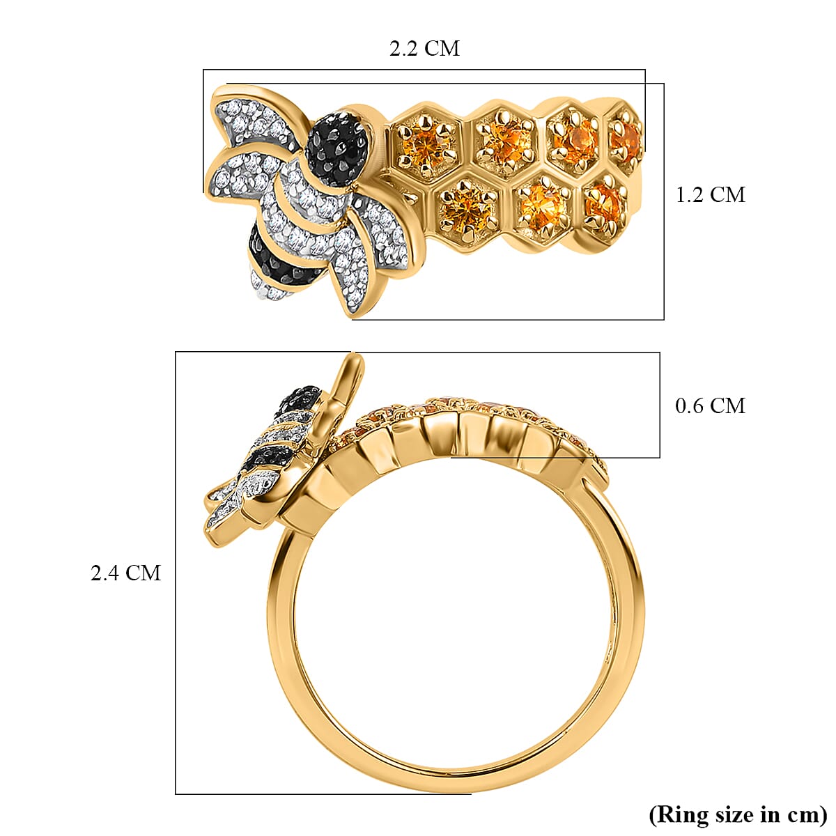 GP- Honeycomb Collection - Yellow Sapphire, Boi Ploi Black Spinel and Natural Zircon Bee with Honeycomb Ring in 18K Vermeil Yellow Gold Plated Sterling Silver