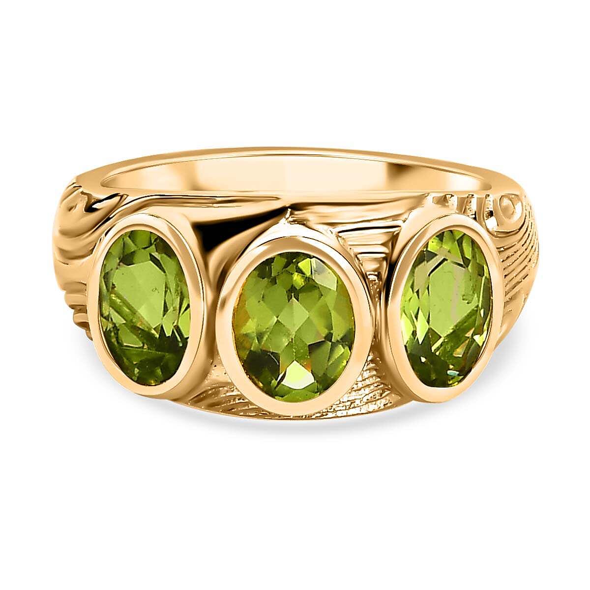 Hebei Peridot 3 Stone Ring in 18K Vermeil Yellow Gold Plated Sterling Silver 2.50 Ct