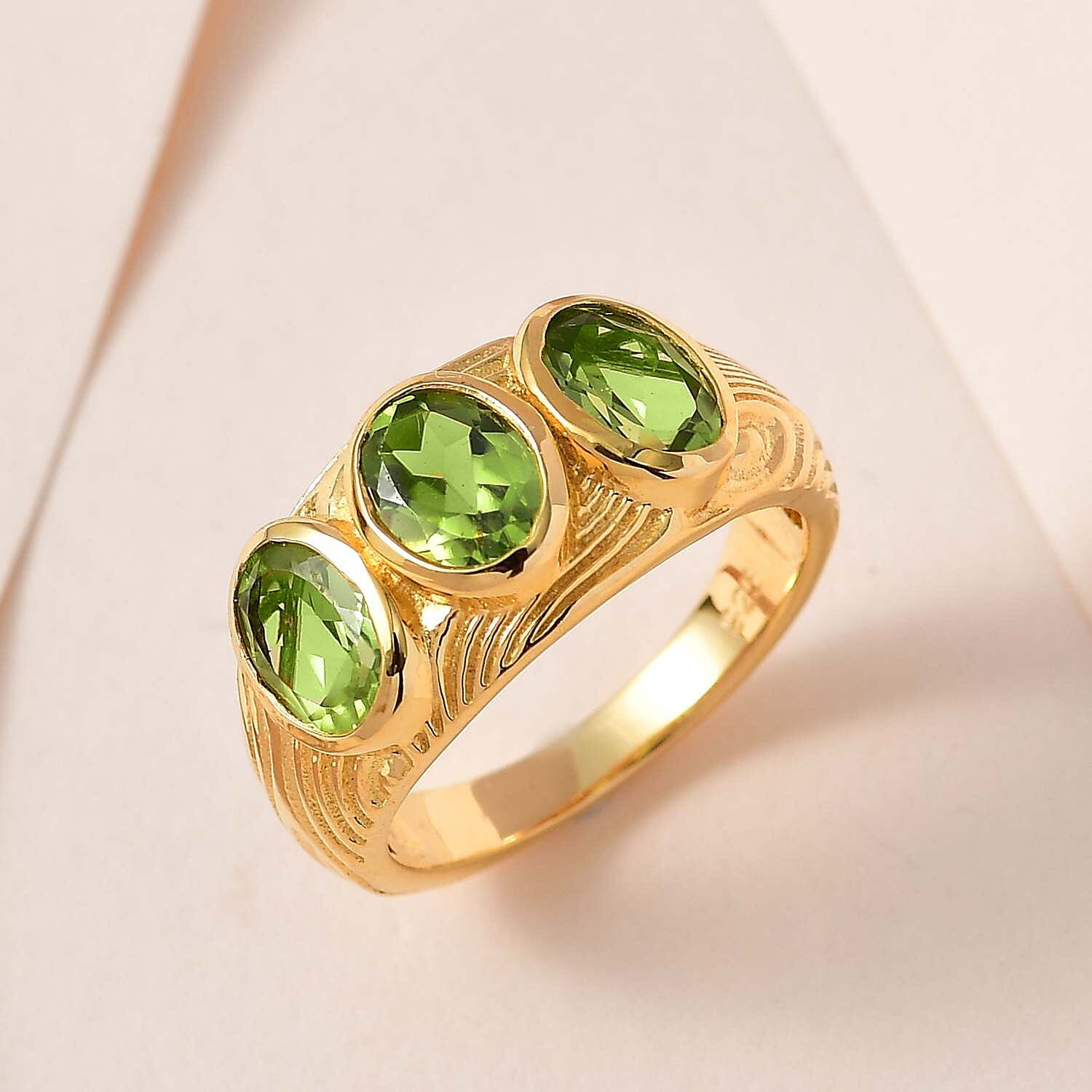 Hebei Peridot 3 Stone Ring in 18K Vermeil Yellow Gold Plated Sterling Silver 2.50 Ct