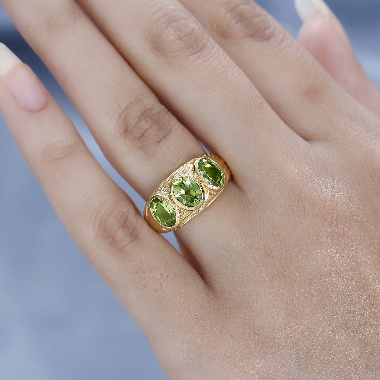 Hebei Peridot 3 Stone Ring in 18K Vermeil Yellow Gold Plated Sterling Silver 2.50 Ct