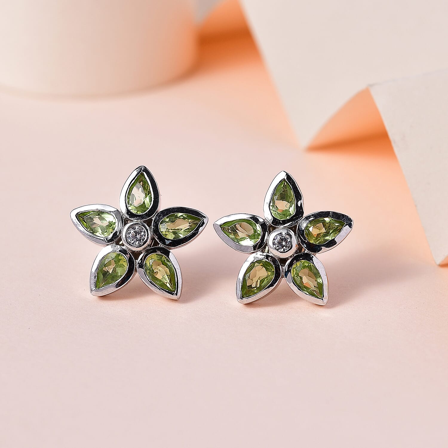 Hebei Peridot and Natural Zircon Floral Earrings in Platinum Overlay Sterling Silver 2.44 Ct