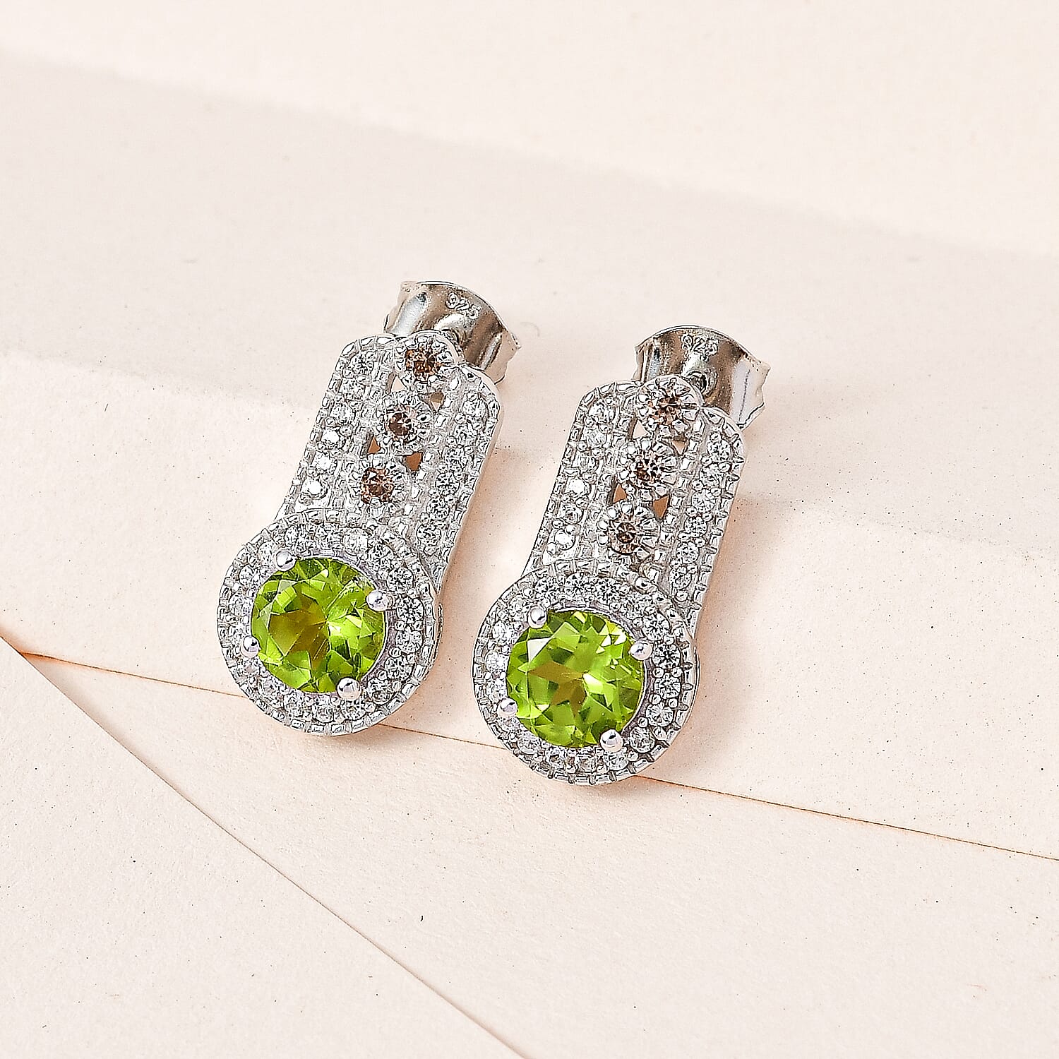 Hebei Peridot, Brown Zircon and Natural White Zircon Earrings in Platinum Overlay Sterling Silver 2.56 Ct