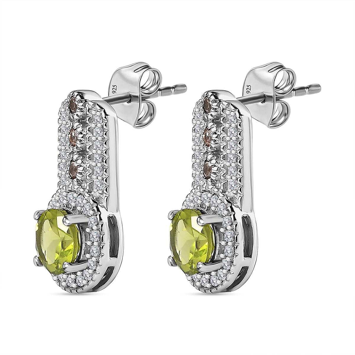 Hebei Peridot, Brown Zircon and Natural White Zircon Earrings in Platinum Overlay Sterling Silver 2.56 Ct