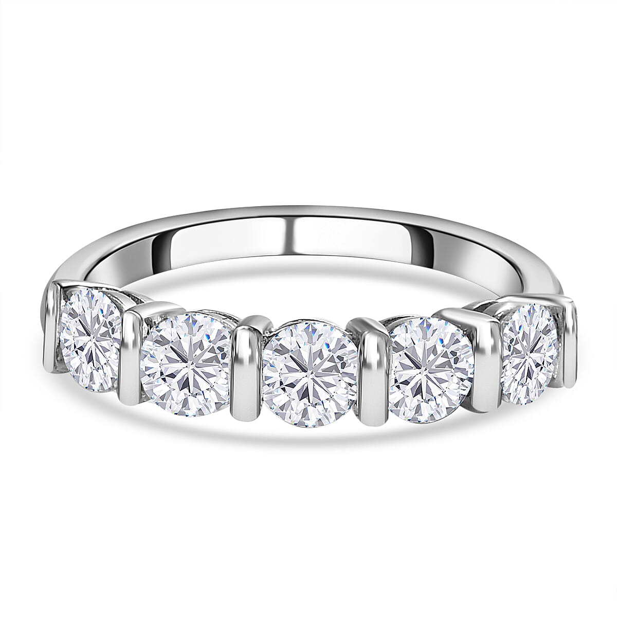 D'Joy Moissanite 5 Stone Ring in Platinum Overlay Sterling Silver 1.14 Ct.