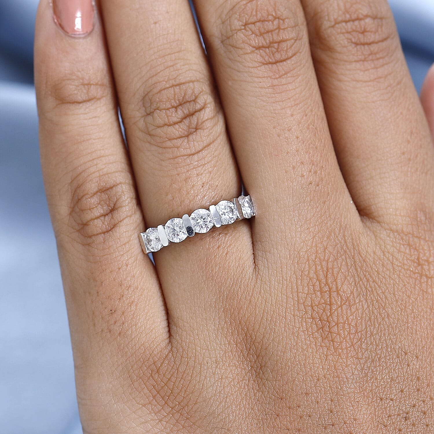 D'Joy Moissanite 5 Stone Ring in Platinum Overlay Sterling Silver 1.14 Ct.