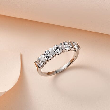 Moissanite 5 Stone Ring in Platinum Overlay Sterling Silver 1.18 Ct.