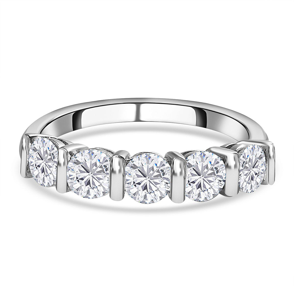 Moissanite 5 Stone Ring in Platinum Overlay Sterling Silver 1.14 Ct.