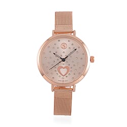 STRADA Japanese Movement Heart Pattern Crystal Studded Water Resistant Watch with Stainless Steel Mesh Strap in Silver Tone