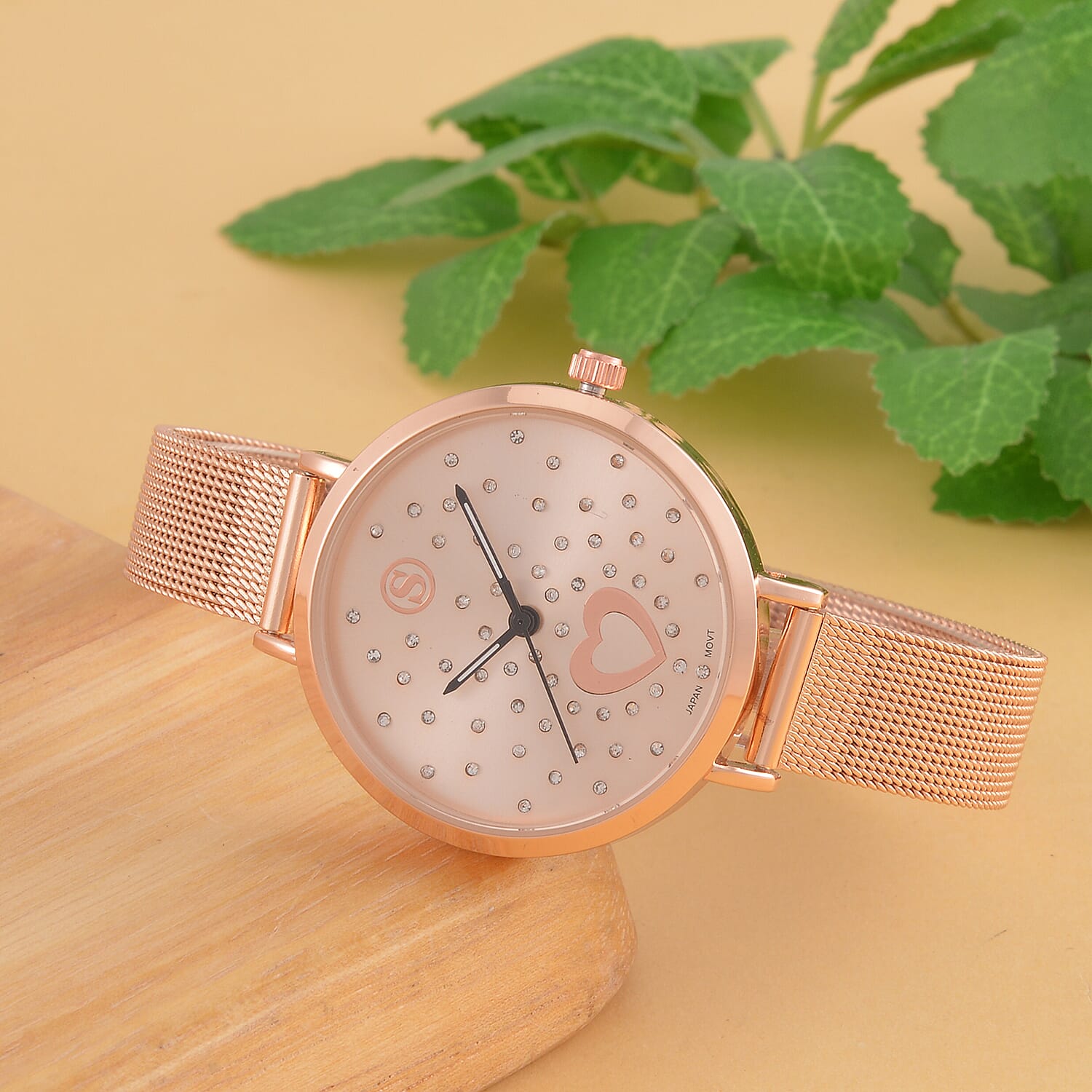 STRADA Japanese Movement Heart Pattern Crystal Studded Water Resistant Watch with Stainless Steel Mesh Strap in Rose Gold Tone