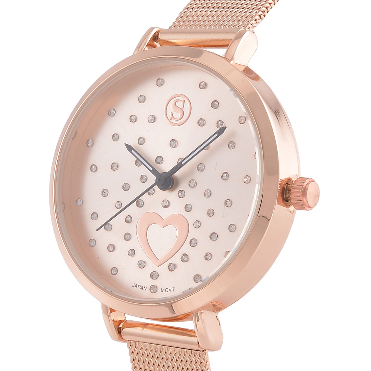 STRADA Japanese Movement Heart Pattern Crystal Studded Water Resistant Watch with Stainless Steel Mesh Strap in Rose Gold Tone