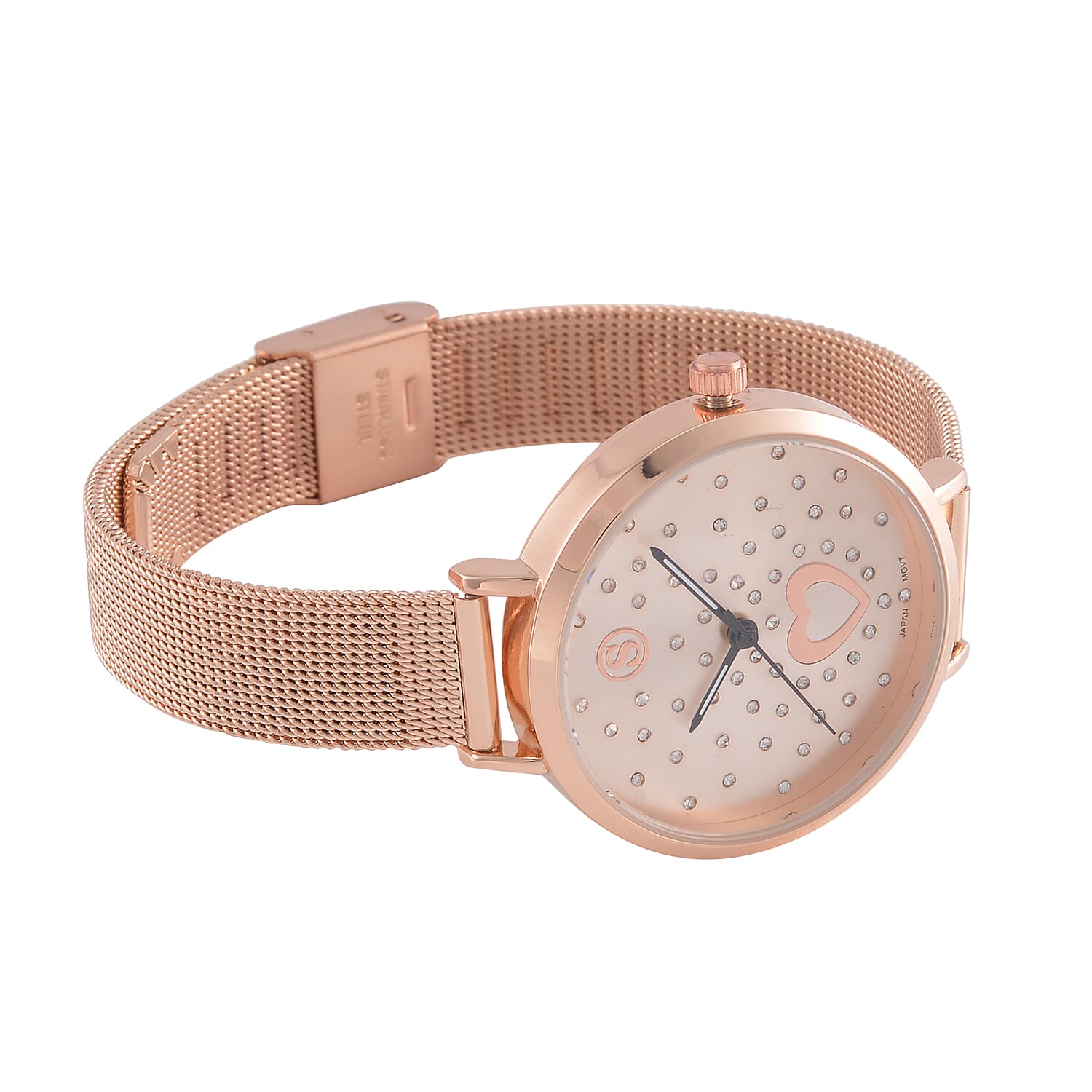 STRADA Japanese Movement Heart Pattern Crystal Studded Water Resistant Watch with Stainless Steel Mesh Strap in Rose Gold Tone