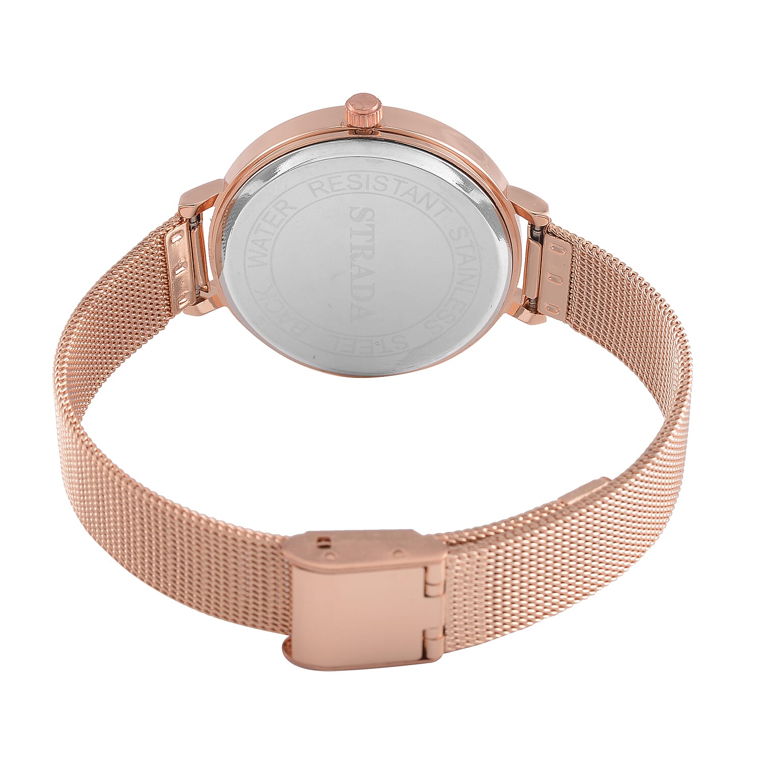 STRADA Japanese Movement Heart Pattern Crystal Studded Water Resistant Watch with Stainless Steel Mesh Strap in Rose Gold Tone