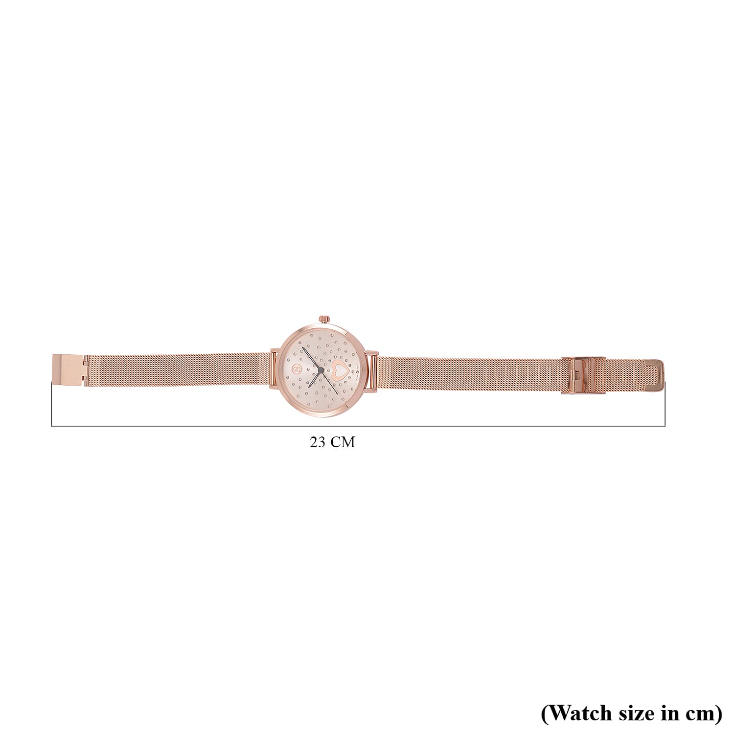 STRADA Japanese Movement Heart Pattern Crystal Studded Water Resistant Watch with Stainless Steel Mesh Strap in Rose Gold Tone