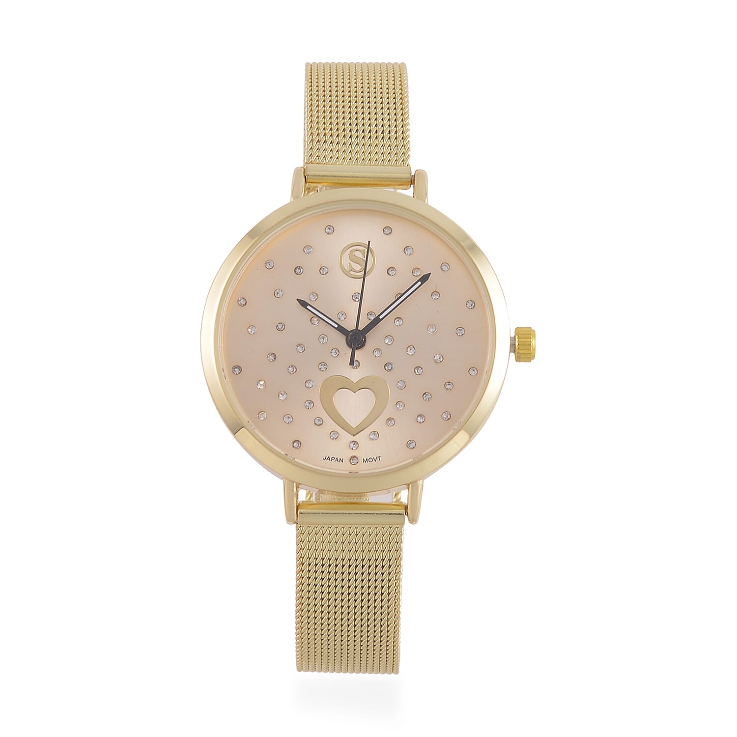 STRADA Japanese Movement Heart Pattern Crystal Studded Water Resistant Watch with Stainless Steel Mesh Strap in Gold Tone