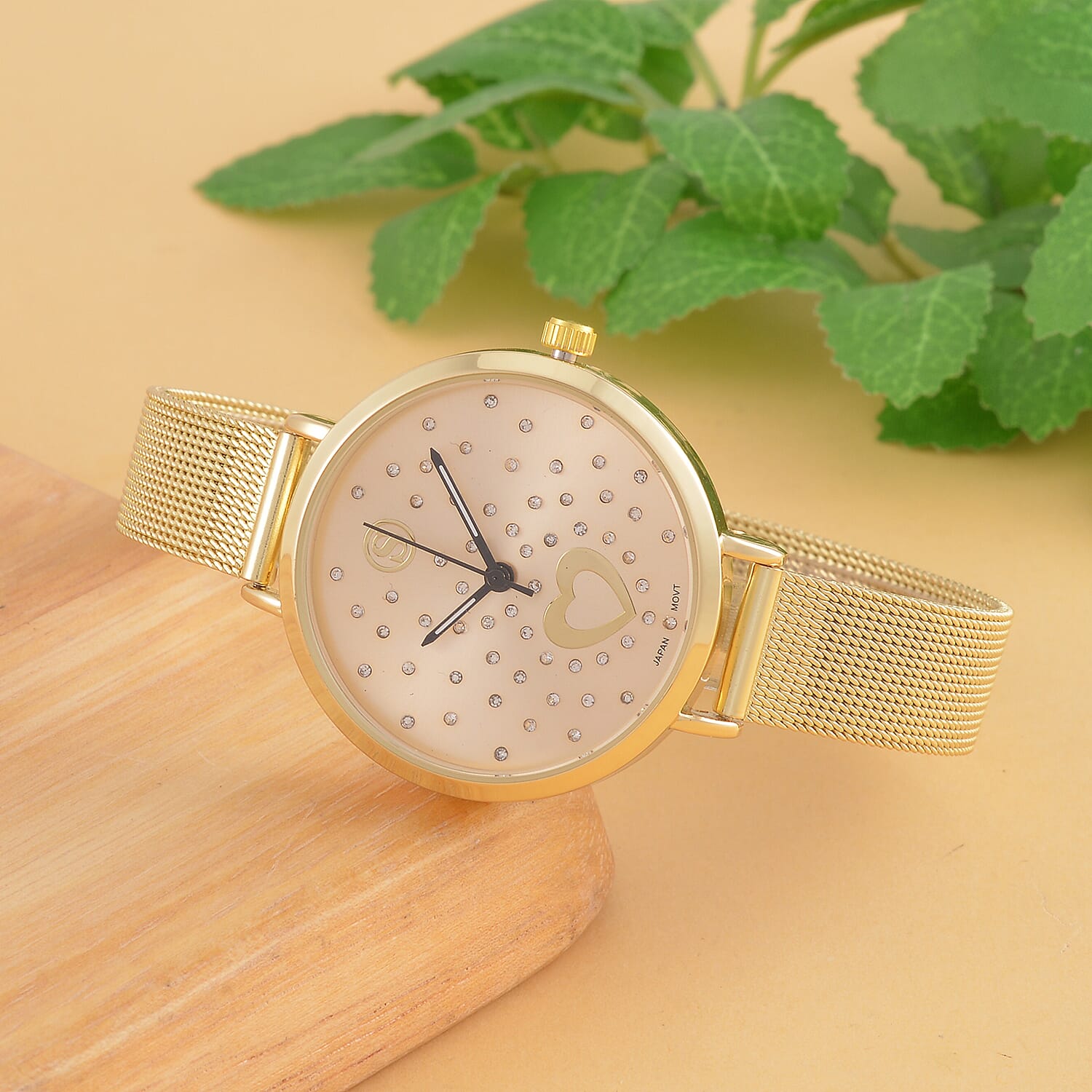 STRADA Japanese Movement Heart Pattern Crystal Studded Water Resistant Watch with Stainless Steel Mesh Strap in Gold Tone