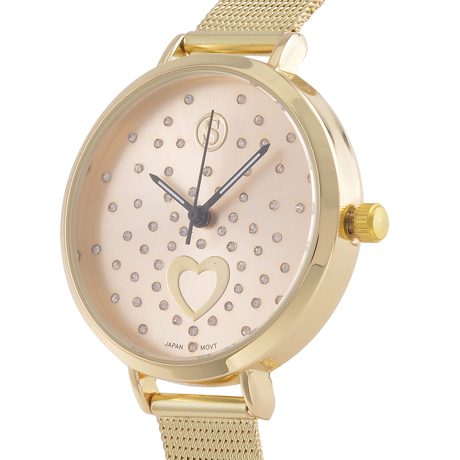 STRADA Japanese Movement Heart Pattern Crystal Studded Water Resistant Watch with Stainless Steel Mesh Strap in Gold Tone