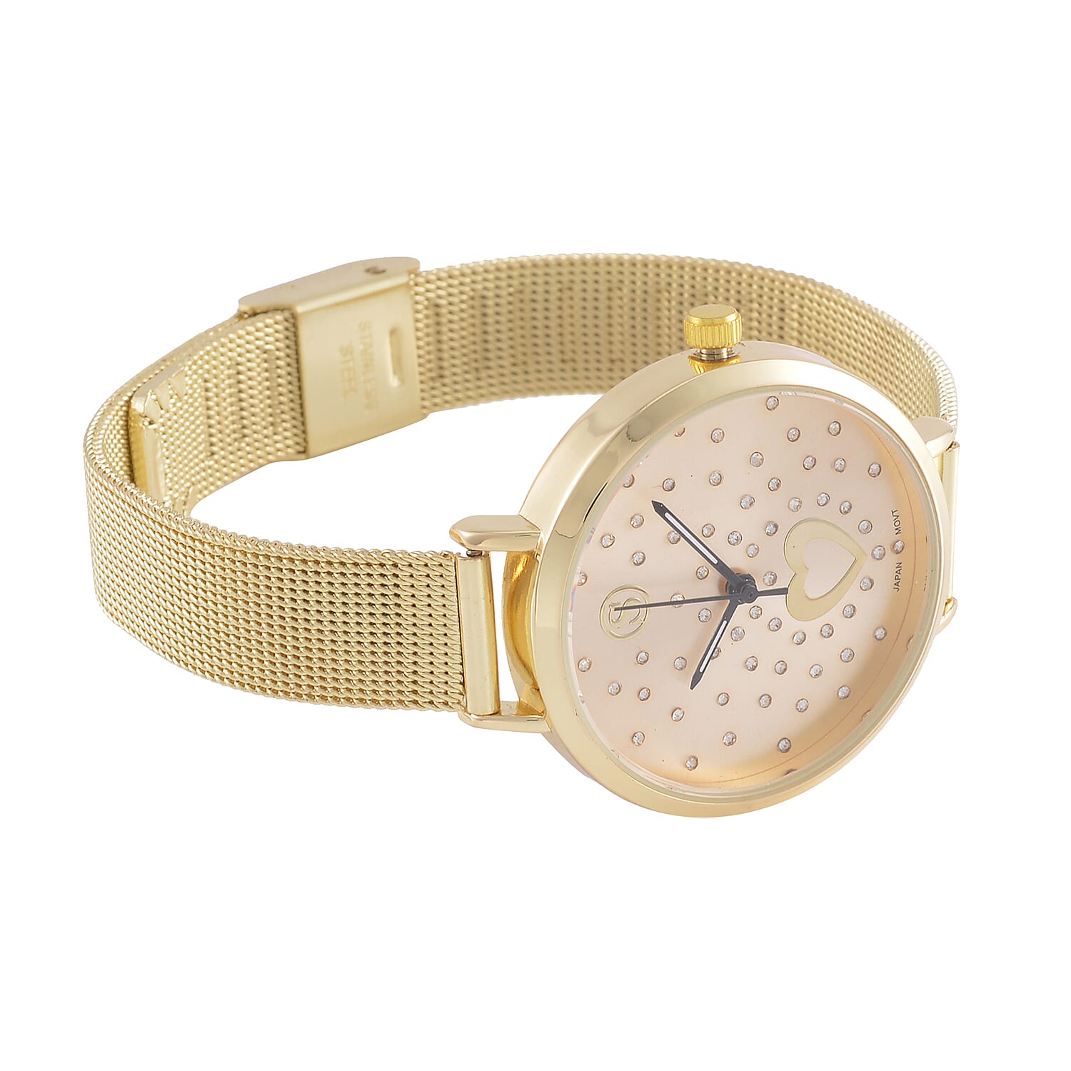 STRADA Japanese Movement Heart Pattern Crystal Studded Water Resistant Watch with Stainless Steel Mesh Strap in Gold Tone