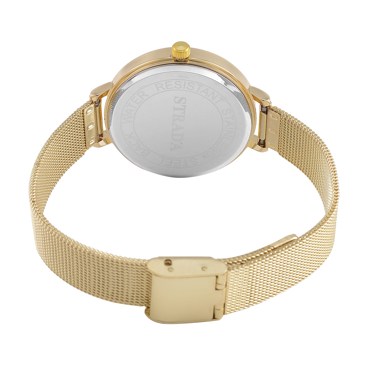 STRADA Japanese Movement Heart Pattern Crystal Studded Water Resistant Watch with Stainless Steel Mesh Strap in Gold Tone