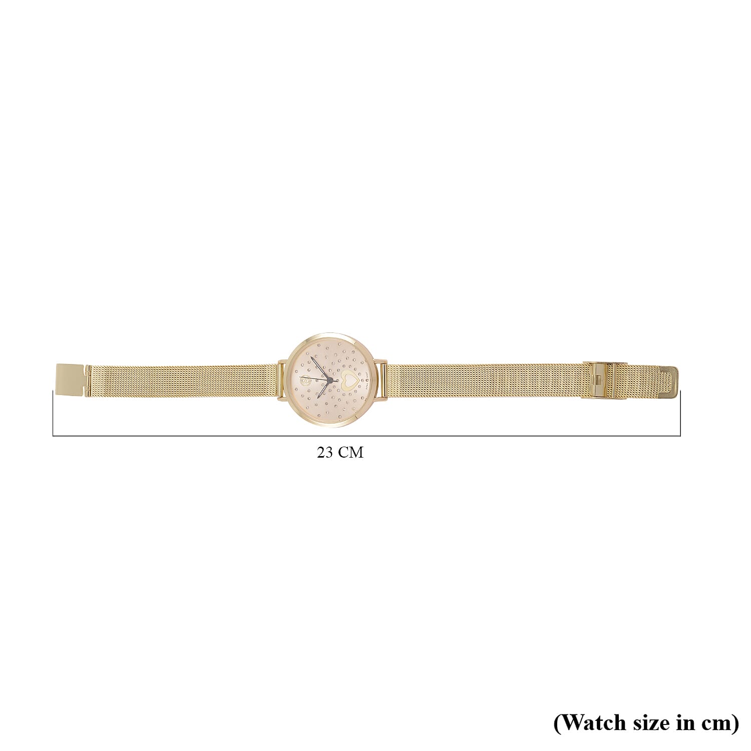 STRADA Japanese Movement Heart Pattern Crystal Studded Water Resistant Watch with Stainless Steel Mesh Strap in Gold Tone