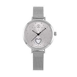 STRADA Japanese Movement Heart Pattern Crystal Studded Water Resistant Watch with Stainless Steel Mesh Strap in Silver Tone